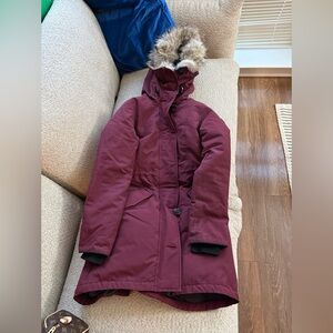 Canada Goose Women's Burgundy Parka with Faux Fur Trim size XS